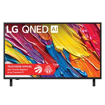 Vue avant du LG QNED82 TV, avec le logo LG QNED AI dans le coin supérieur. Le LG QNED TV présente des textures colorées rappelant une peinture en mouvement.