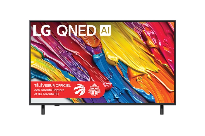 Vue avant du LG QNED82 TV, avec le logo LG QNED AI dans le coin supérieur. Le LG QNED TV présente des textures colorées rappelant une peinture en mouvement.