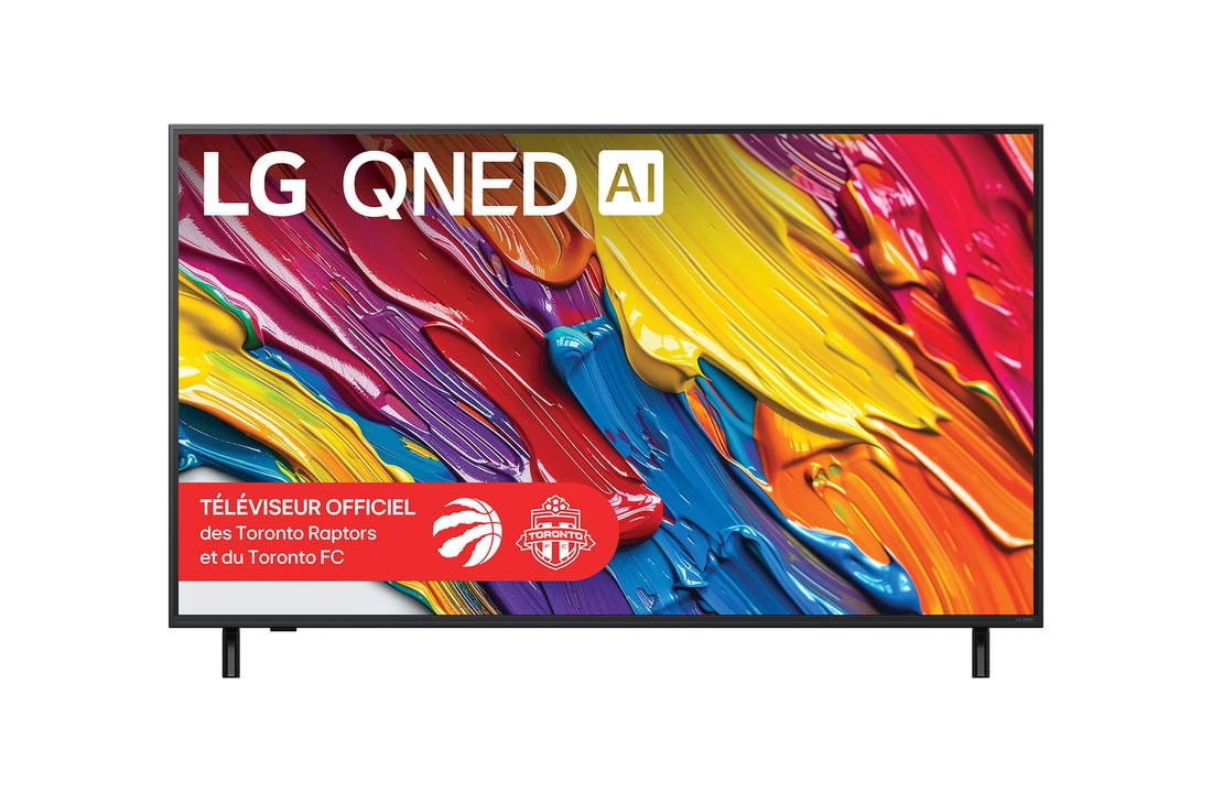 Vue avant du LG QNED82 TV, avec le logo LG QNED AI dans le coin supérieur. Le LG QNED TV présente des textures colorées rappelant une peinture en mouvement.