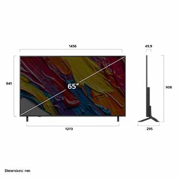Vue avant et vue latérale du téléviseur smart 4K LG QNED82 AI, illustrant ses dimensions en longueur, largeur, hauteur et profondeur.