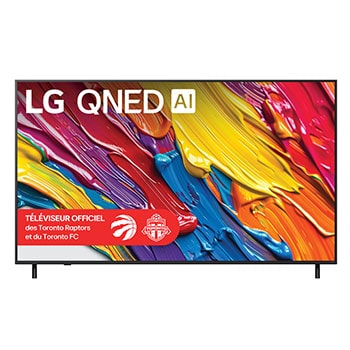Vue avant du LG QNED82 TV, avec le logo LG QNED AI dans le coin supérieur. Le LG QNED TV présente des textures colorées rappelant une peinture en mouvement.