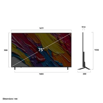 Vue avant et vue latérale du téléviseur smart 4K LG QNED82 AI, illustrant ses dimensions en longueur, largeur, hauteur et profondeur.