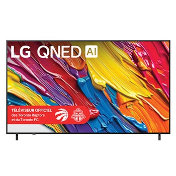 Vue avant du LG QNED82 TV, avec le logo LG QNED AI dans le coin supérieur. Le LG QNED TV présente des textures colorées rappelant une peinture en mouvement.