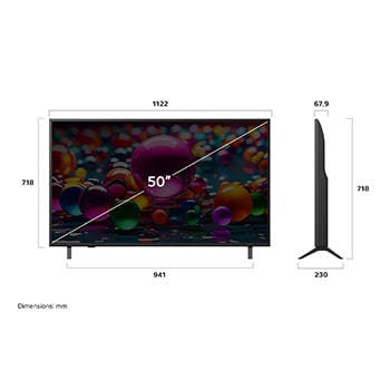 Vue avant et vue latérale du téléviseur smart 4K LG UHD AI UA79, illustrant ses dimensions en longueur, largeur, hauteur et profondeur.