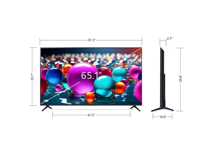 Vue avant et vue latérale du téléviseur smart 4K LG UHD AI UA75, illustrant ses dimensions en longueur, largeur, hauteur et profondeur.