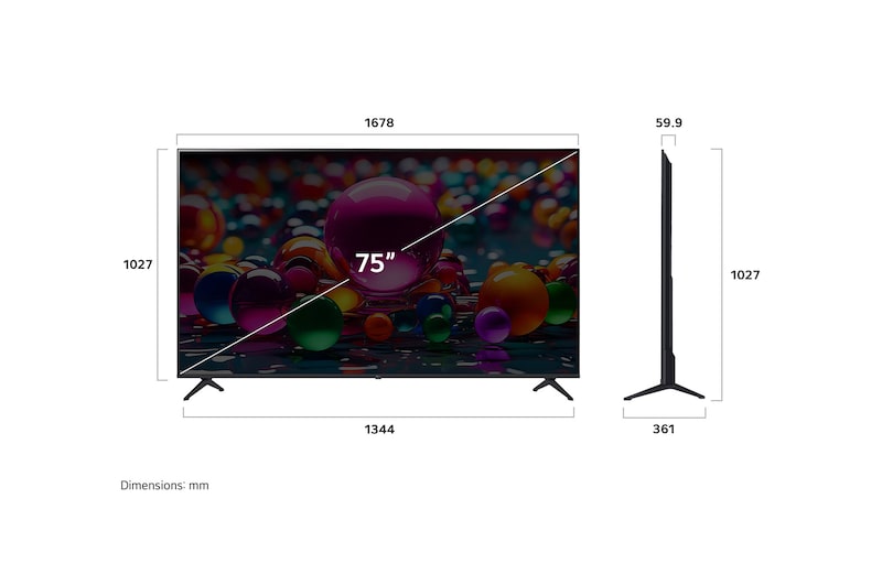 Vue avant et vue latérale du téléviseur smart 4K LG UHD AI UA77, illustrant ses dimensions en longueur, largeur, hauteur et profondeur.