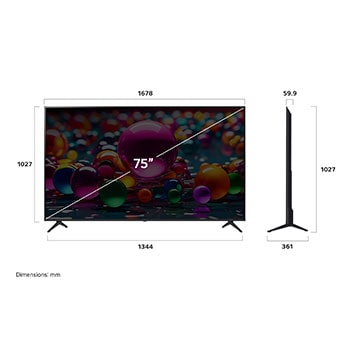 Vue avant et vue latérale du téléviseur smart 4K LG UHD AI UA77, illustrant ses dimensions en longueur, largeur, hauteur et profondeur.