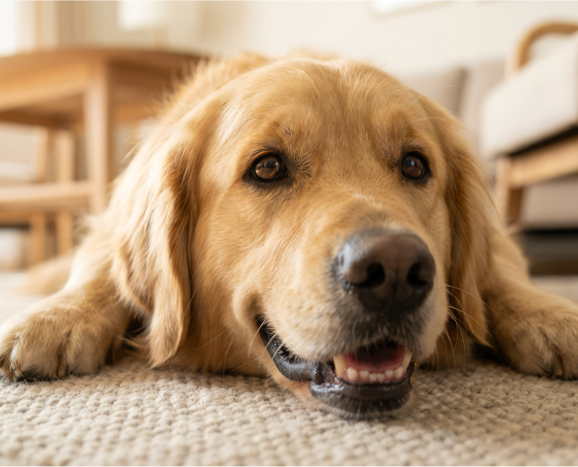 Un golden retriever se reposant sur le sol dans un intérieur calme et dog-friendly