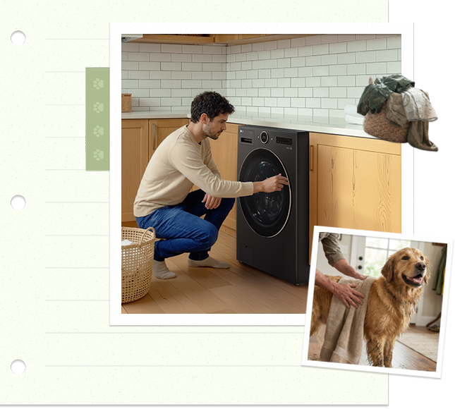 'Un homme charge du linge dans une machine à laver pendant qu’un golden retriever se tient à proximité dans un intérieur chaleureux