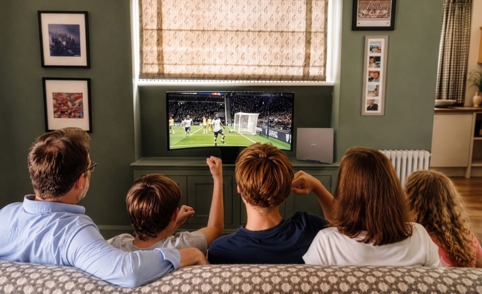 Vue de dos d'une famille assise ensemble dans le salon, regardant un match de football sur un moniteur incurvé.
