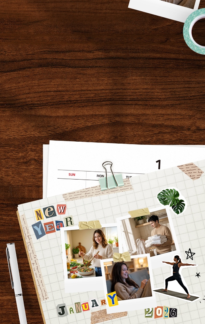 Un journal posé sur un bureau brun, présentant un collage de décorations du Nouvel An et des photos Polaroid de personnes profitant des appareils LG