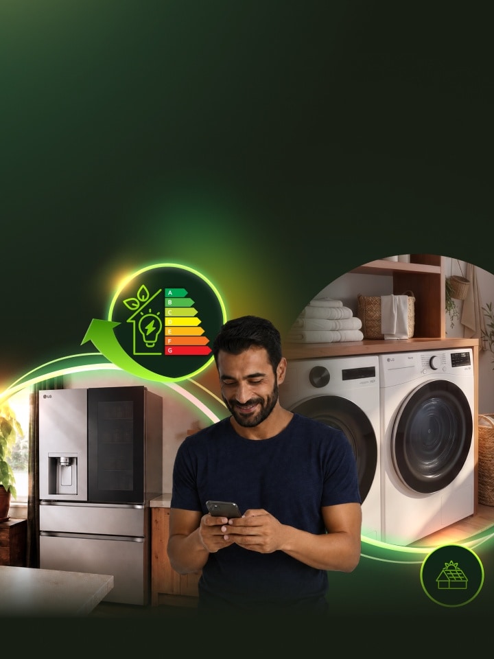 Un homme utilisant son téléphone intelligent devant des électroménagers LG, avec des graphiques illustrant l'efficacité énergétique.