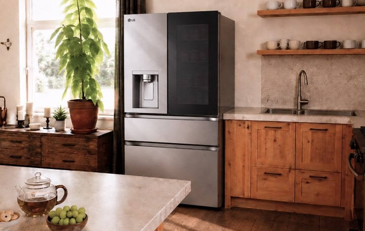 Un réfrigérateur LG noir mat dans une cuisine bien éclairée de style rustique avec des meubles en bois.