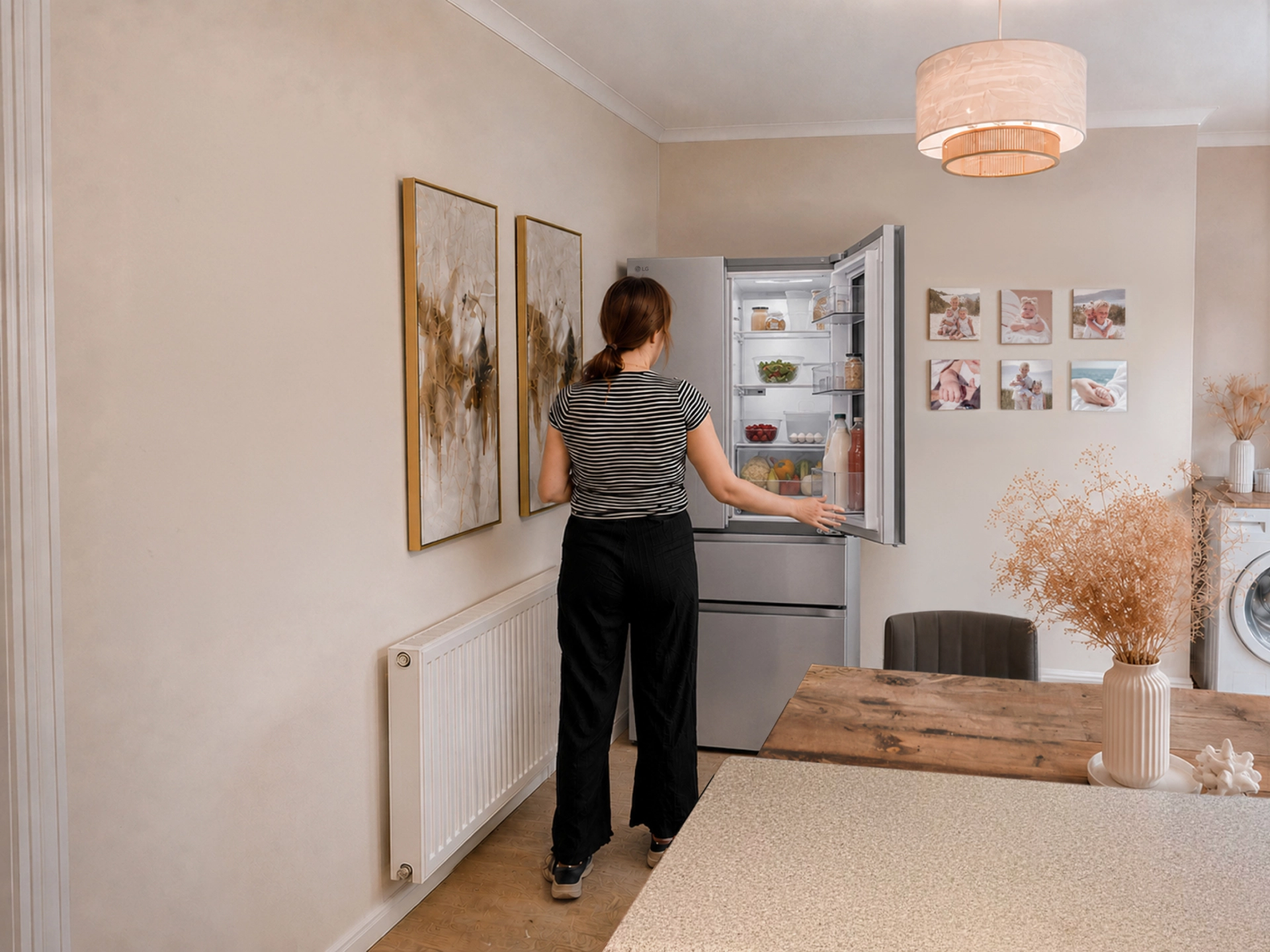 Une mère ouvre un grand réfrigérateur dans une cuisine et une salle à manger lumineuses, avec des aliments frais et des provisions visibles à l’intérieur.