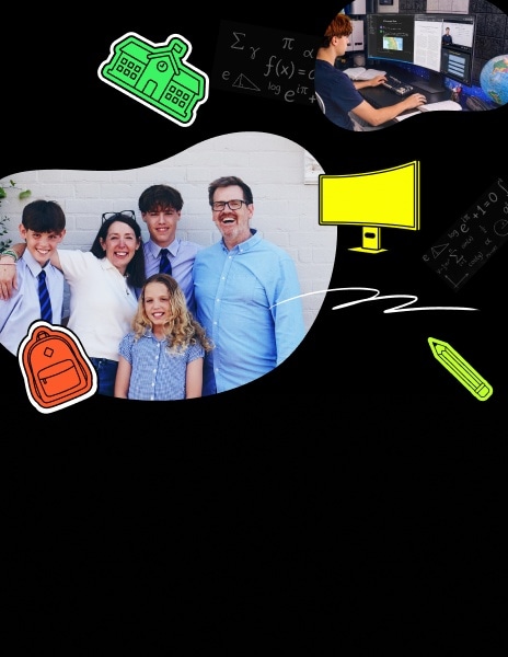 Une famille souriante et un étudiant travaillant devant un écran d’ordinateur sont représentés. Des icônes illustrées d’un bâtiment scolaire, d’un sac à dos, d’un crayon et d’un écran de présentation sont disposées sur un fond sombre agrémenté d’éléments graphiques colorés.