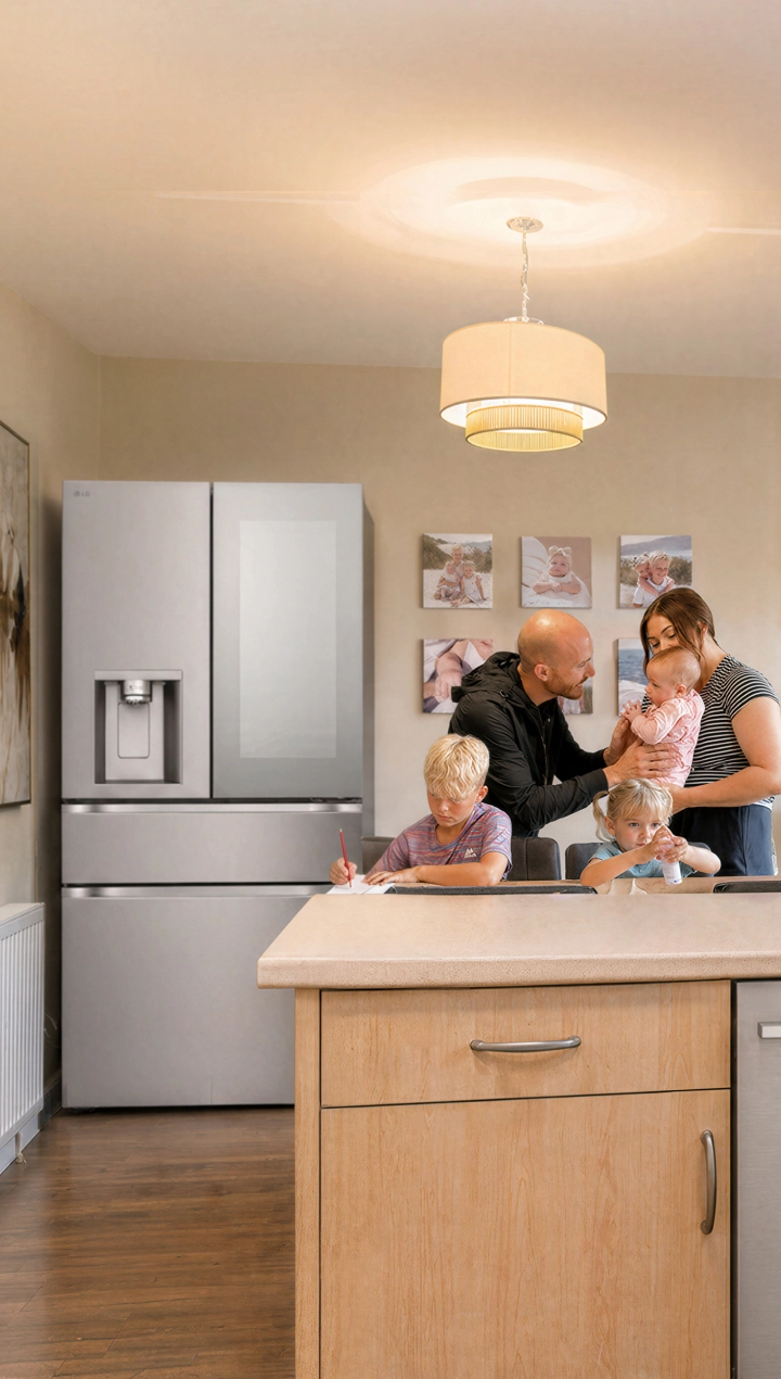 Une famille avec trois enfants se réunit dans une cuisine moderne et chaleureuse, où les parents s’occupent des enfants autour d’un grand îlot central. Un réfrigérateur, un lave-vaisselle, un four et des meubles de cuisine sont visibles à l’arrière-plan.