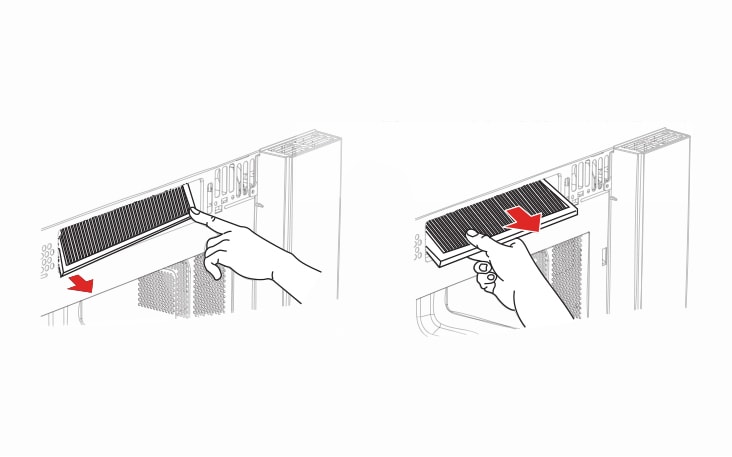 Faites glisser la grille à gauche, puis faites-la basculer en avant et soulevez pour la retirer Retirez l’ancien filtre
