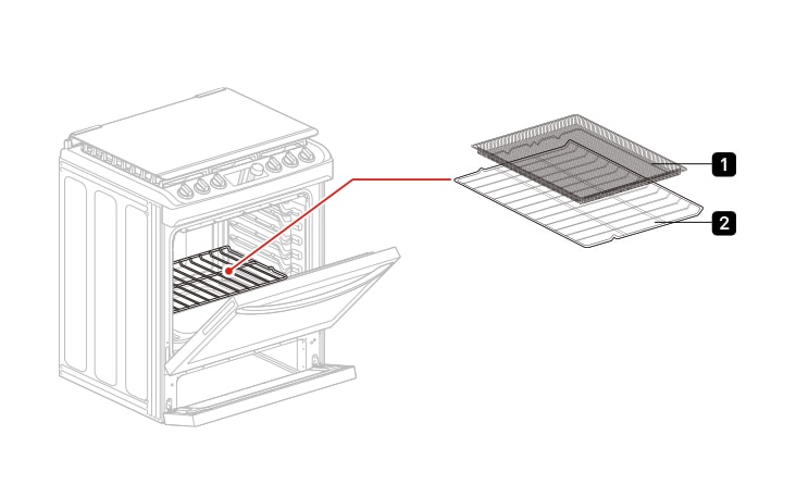 Pour obtenir de meilleurs résultats, veuiller utiliser le panier de friture à air pour cuisinière Le panier de friture à air pour cuisinière peut être nettoyé dans un lave-vaisselle  1 Panier de friture à air pour cuisinière 2 Panier robuste   Si vous n’avez pas de panier de friture à air pour cuisinière, placez les aliments sur une grille metallique à l’intérieur d’un lèchefrite recouvert de papier aluminium