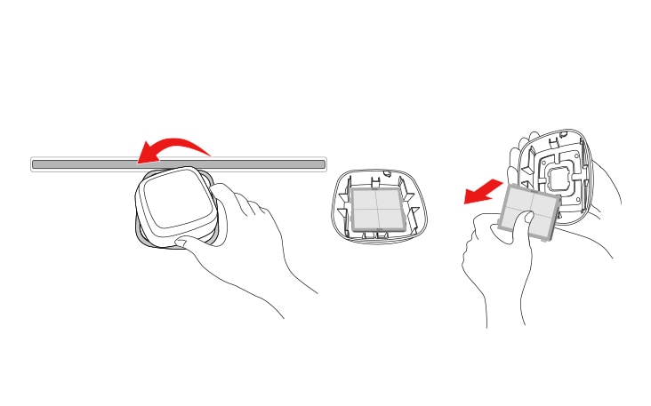 Tournez le couvercle du filtre vers la gauche pour le retirer de la paroi du réfrigérateur Le filtre est situé à l’intérieur du couvercle du filtre Retirez le filtre du couvercle et remplacez-le par un nouveau filtre