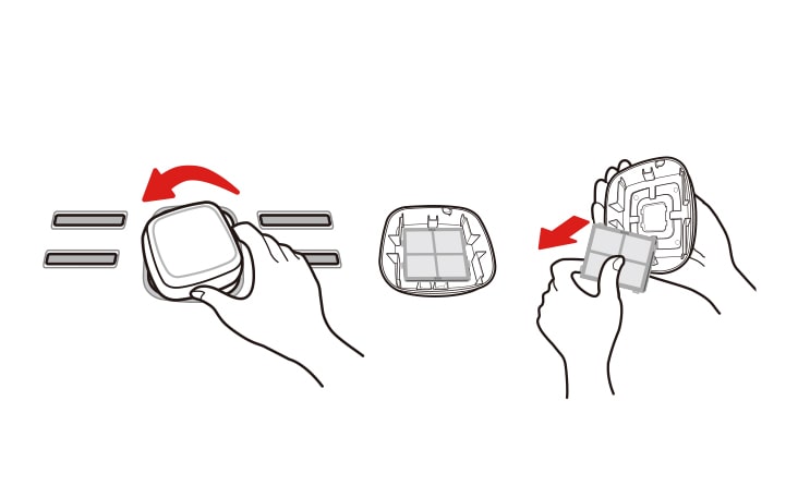 Tournez le couvercle du filtre vers la gauche pour le retirer de la paroi du réfrigérateur Le filtre est situé à l’intérieur du couvercle du filtre Retirez le filtre du couvercle et remplacez-le par un nouveau filtre Il est recommandé de remplacer le filtre à air Environ tous les six mois Lorsque le voyant CHANGER LE FILTRE s’allume