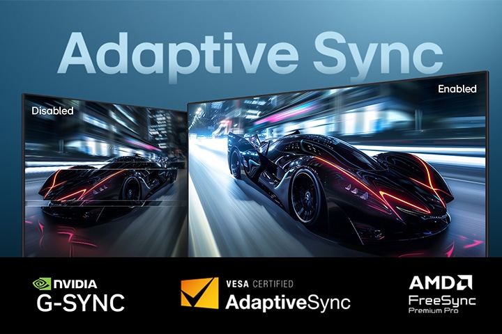 Un moniteur LG UltraGear démontre la synchronisation adaptative avec une scène de voiture de course, montrant la déchirure d’écran lorsqu’elle est désactivée versus des visuels lisses lorsqu’elle est activée, ainsi que les logos NVIDIA G-SYNC, VESA AdaptiveSync et AMD FreeSync.