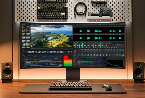 Un moniteur LG UltraGear de 39 à 52 pouces sur un bureau affiche une chronologie de montage vidéo et une interface audio pour une vue panoramique UltraWide.