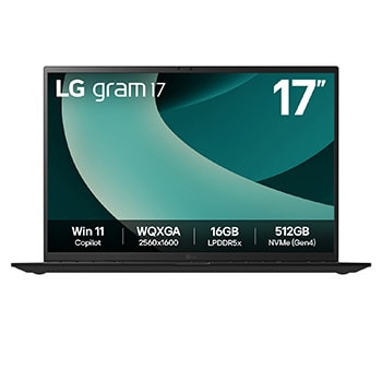 Vue avant de LG gram 17" | Ordinateur portable léger avec processeur Intel® Core™ Ultra | Windows 11 Home, gram Dual AI, Copilot, LG gram Link, écran IPS WQXGA 16:10 anti-reflets 17Z90T-V.AP75A8