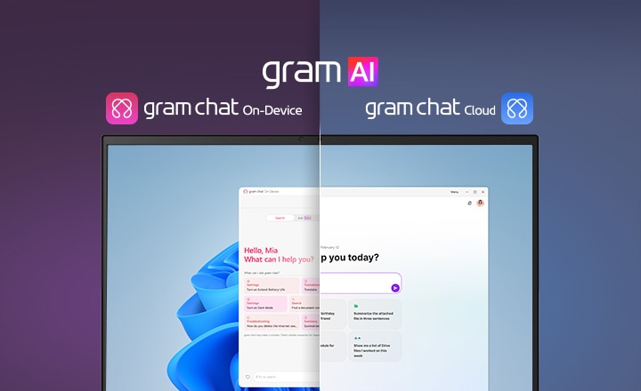 Une image en écran partagé montrant « gram AI » avec deux modes distincts : « gram chat On-Device » à gauche, représenté par une icône rose, et « gram chat Cloud » à droite, représenté par une icône bleue. L’écran affiche une interface AI, symbolisant une fonctionnalité fluide dans les deux modes.