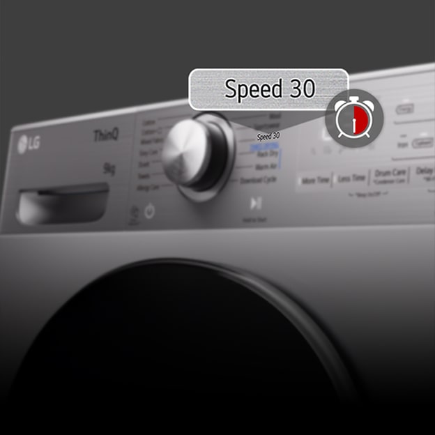 Gros plan du panneau LG avec affichage Speed 30 illustre le séchage rapide via Dual Inverter heat pump.