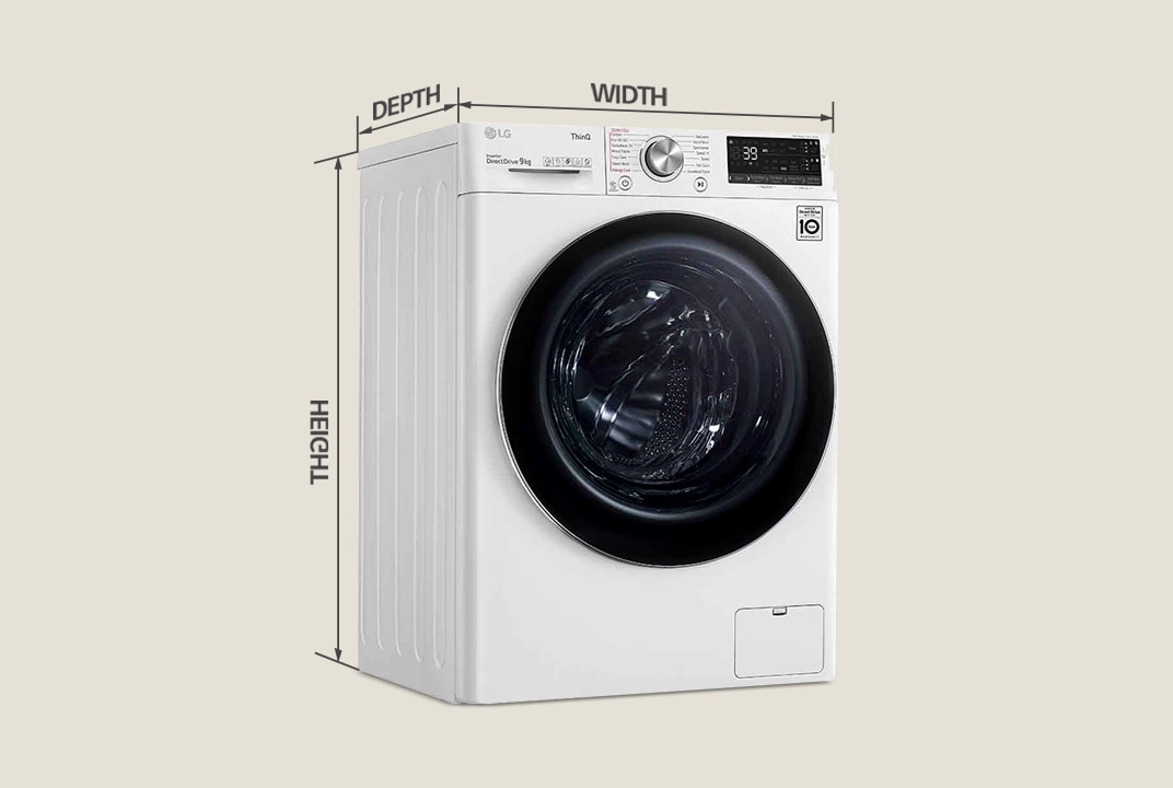 LG lave-linge avec lignes de mesure de hauteur, largeur et profondeur illustre les dimensions pour la planification de l'installation.