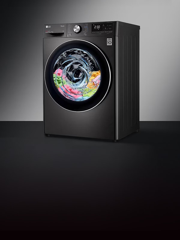 Lave-linge frontal noir LG avec du linge tournant dans le tambour illustre une vitesse d'essorage élevée.