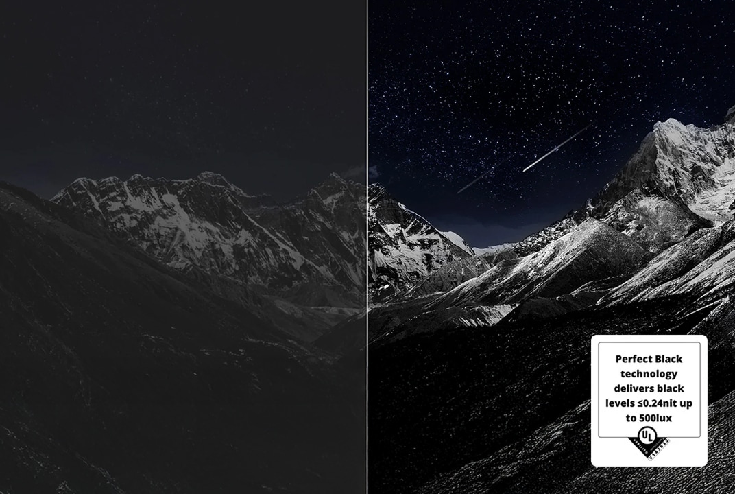Écran LG OLED montrant un paysage de montagne sombre illustre Perfect Black.