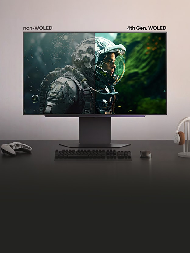 Écran LG comparant scènes astronaute non-WOLED et WOLED 4e gén. illustre amélioration couleurs et luminosité.