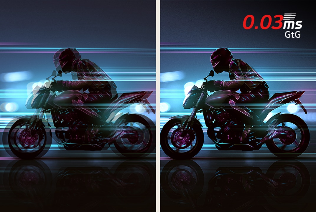 Moniteur de jeu LG comparant une image de moto floue et une vue 0.03ms GtG nette illustre un temps de réponse plus rapide.