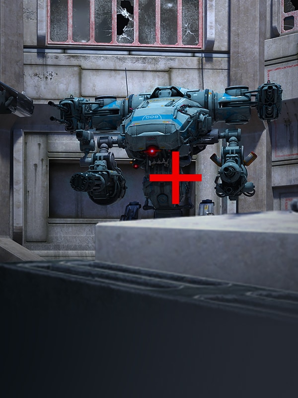 Moniteur gaming LG montrant une scène de robot avec un réticule rouge, illustrant l'aide à la visée.