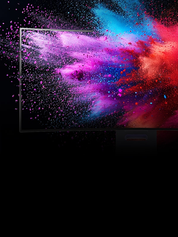 Écran de moniteur LG avec explosions de poudre rose et bleue, illustrant DisplayHDR 400 et DCI-P3.