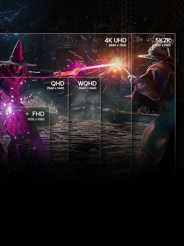 Moniteur LG montrant une scène de jeu divisée en sections FHD, QHD, WQHD, 4K UHD et 5K2K illustre les options de taille d'écran et de résolution.