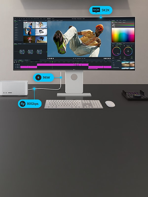 Configuration LG avec 5K2K, 96W et 80Gbps illustre la connectivité et le transfert de données Thunderbolt 5.