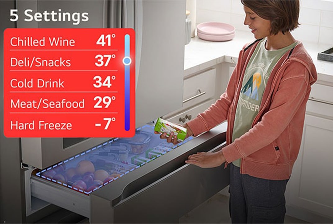Tiroir LG ouvert par l'usager avec 5 réglages (vin, snacks, boissons, viande, congélation) illustre le Full Convert Drawer.