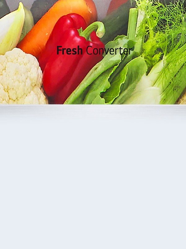 Tiroir LG avec saumon et crevettes à côté d'icônes d'aliments illustre le Fresh Converter par type d'aliment.