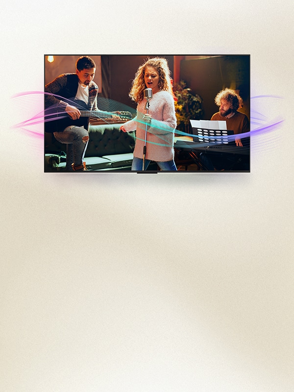 Image de scène de concert LG TV avec ondes sonores, illustrant le traitement audio immersif AI Sound Pro.