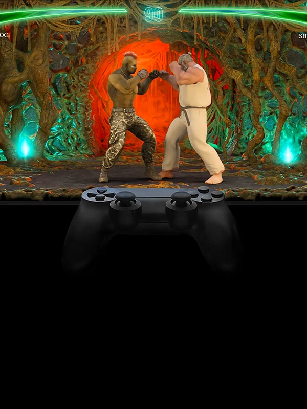 Vidéo de jeu de combat sur LG TV, illustrant le passage automatique de l'ALLM au mode faible latence.