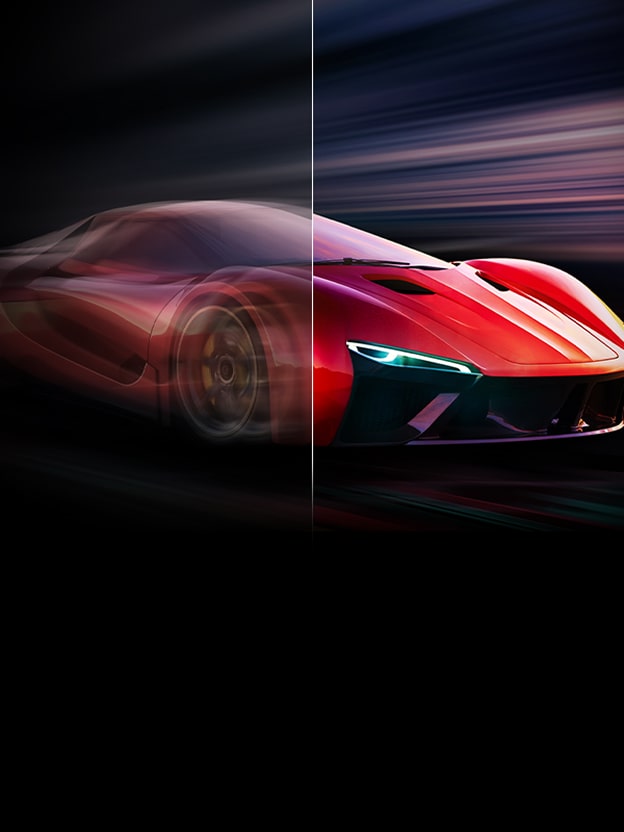 Comparaison côte à côte d’un jeu de course automobile illustrant la différence de taux de rafraîchissement. D’un côté, le taux de rafraîchissement plus faible entraîne davantage de flou de mouvement, tandis que de l’autre, le taux élevé permet de voir la voiture parfaitement nette.