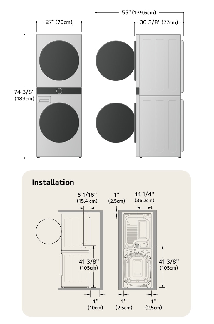 Schéma technique de dimensions et d'installation du LG WashTower : 27 po (70 cm) de largeur, 74 3/8 po (189 cm) de hauteur, 30 3/8 po (77 cm) de profondeur et 55 po (139,6 cm) porte ouverte, avec dégagements d'installation.
