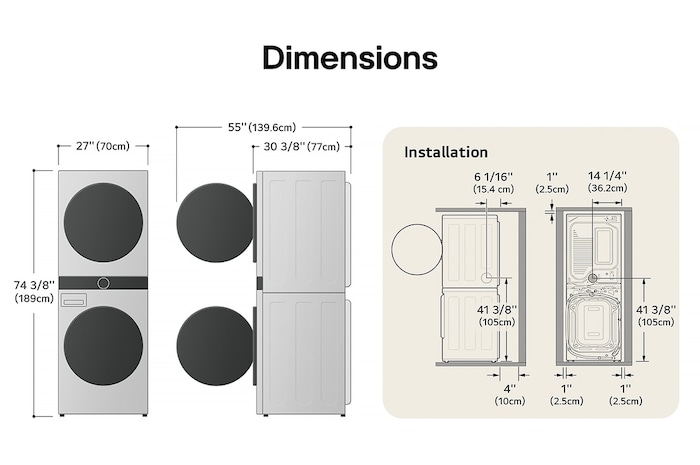 Schéma technique de dimensions et d'installation du LG WashTower : 27 po (70 cm) de largeur, 74 3/8 po (189 cm) de hauteur, 30 3/8 po (77 cm) de profondeur et 55 po (139,6 cm) porte ouverte, avec dégagements d'installation.