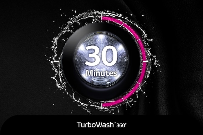Illustration graphique de la technologie TurboWash™ 360° du LG WashTower WKGX201HBA, mettant en évidence un cycle de lavage rapide et efficace de 30 minutes.