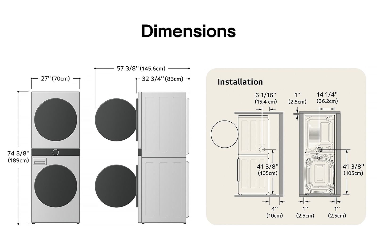 Schéma technique de dimensions et d'installation du LG WashTower : 27 po (70 cm) de largeur, 74 3/8 po (189 cm) de hauteur, 32 3/4 po (83 cm) de profondeur et 57 3/8 po (145,6 cm) porte ouverte, avec dégagements d'installation.