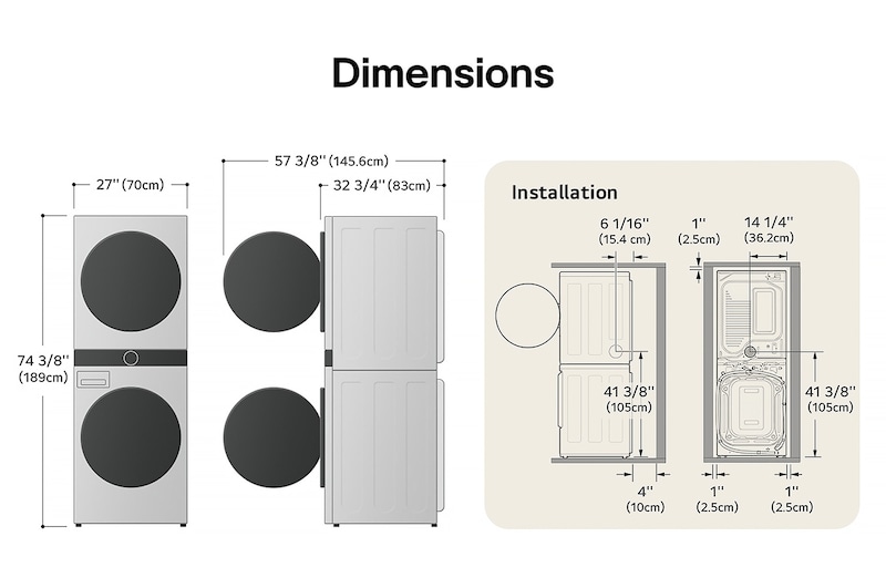 Schéma technique de dimensions et d'installation du LG WashTower : 27 po (70 cm) de largeur, 74 3/8 po (189 cm) de hauteur, 32 3/4 po (83 cm) de profondeur et 57 3/8 po (145,6 cm) porte ouverte, avec dégagements d'installation.