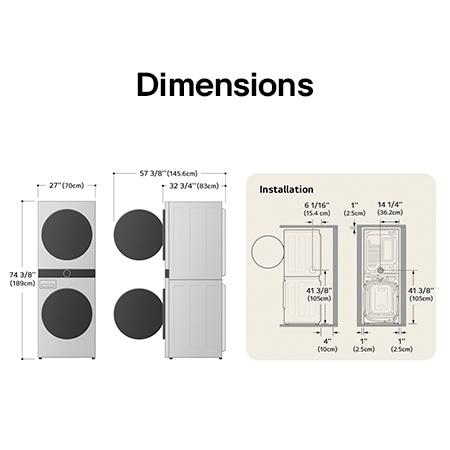 Schéma technique de dimensions et d'installation du LG WashTower : 27 po (70 cm) de largeur, 74 3/8 po (189 cm) de hauteur, 32 3/4 po (83 cm) de profondeur et 57 3/8 po (145,6 cm) porte ouverte, avec dégagements d'installation.