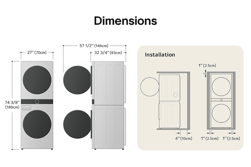 Schéma technique de dimensions et d'installation du LG WashTower : 27 po (70 cm) de largeur, 74 3/8 po (189 cm) de hauteur, 32 3/4 po (83 cm) de profondeur et 57 1/2 po (146 cm) porte ouverte, avec dégagements d'installation.